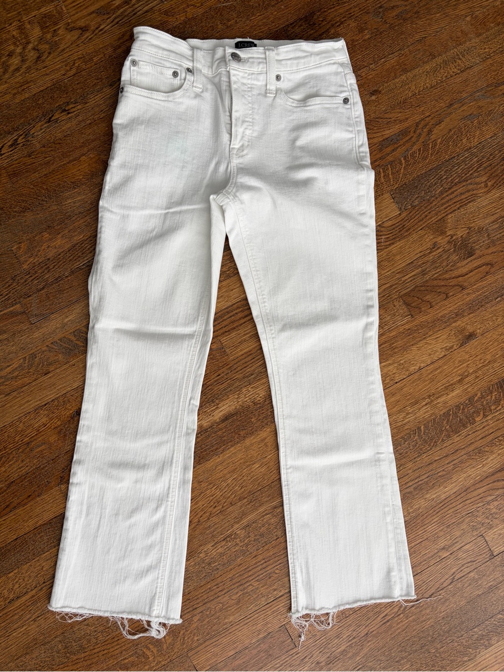 J.CREW like new size 26 white denim flare crop, raw hem